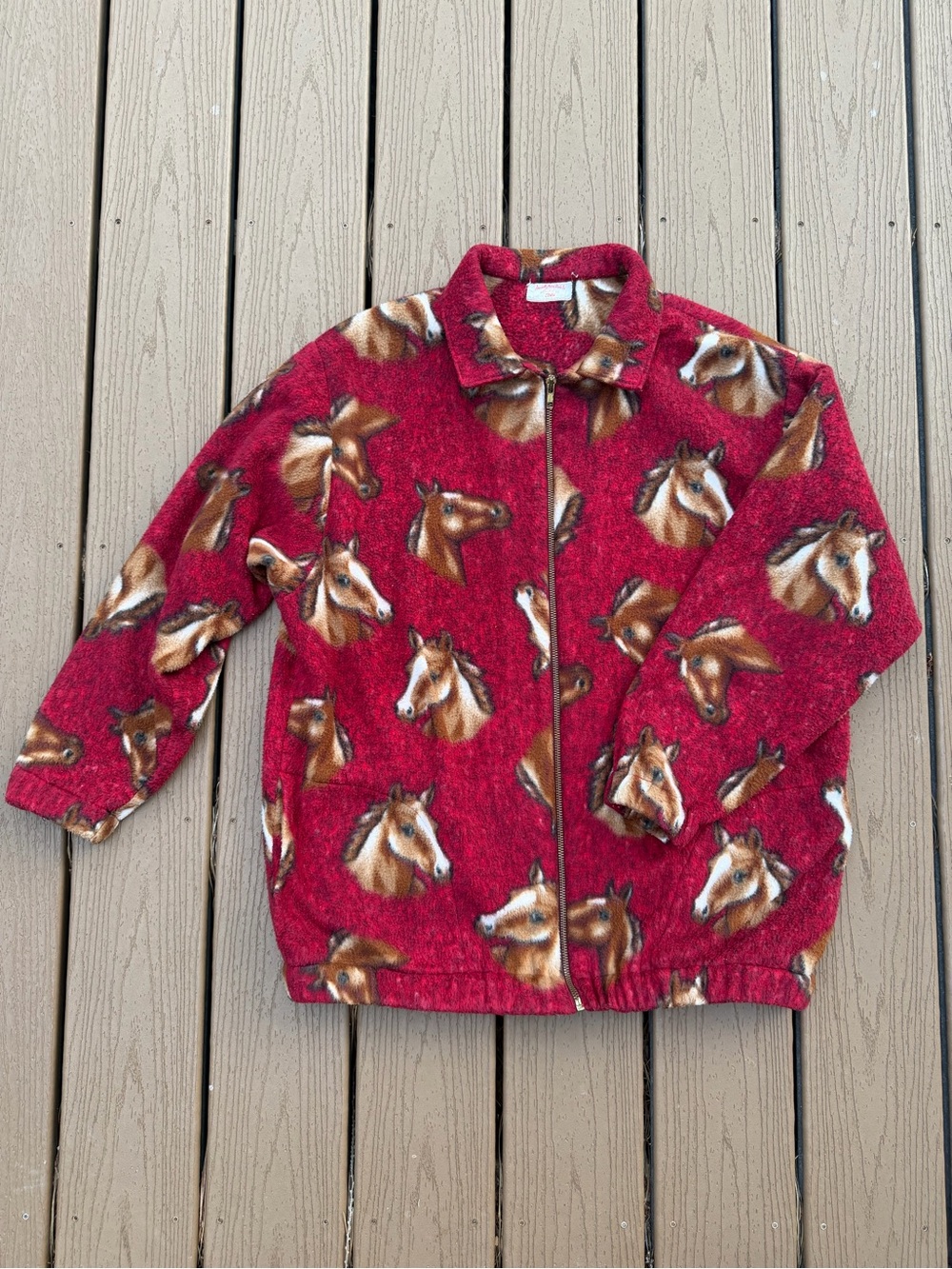 Handmade Horse Print Zip-Up Fleece Jacket Womens XL